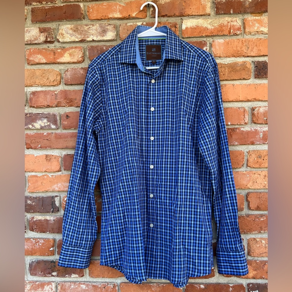 Tattersall London Mens L/S Blue Check Print Button Down Shirt Career